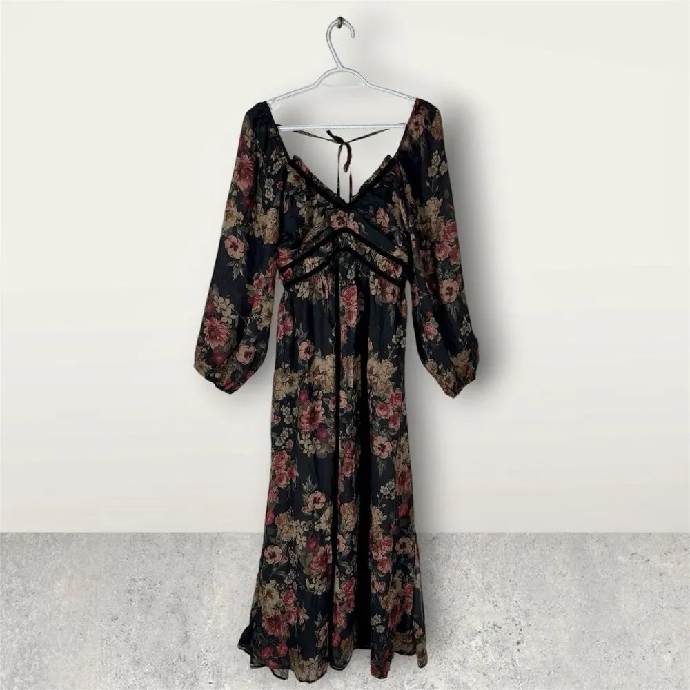 Promesa NWT Wildflower Glen Floral Velvet Trimmed Maxi Dress Size M Boho Fairy - Picture 5 of 10